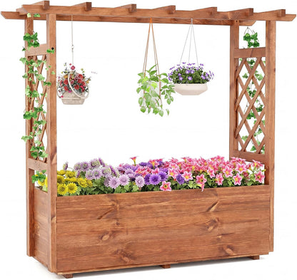 Raised Garden Bed with Lattice Trellises Hanging Roof Drainage