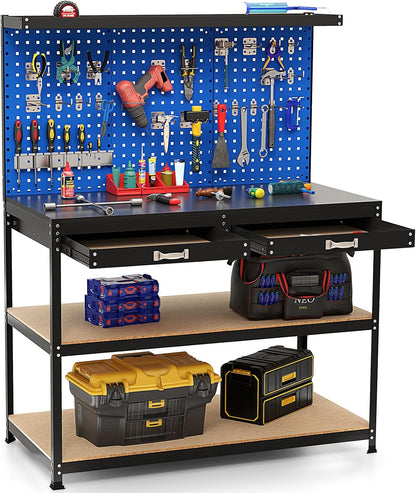 121x61x156cm Metal Workbench with Pegboard with 2 Drawers & 24 Hanging Accessories