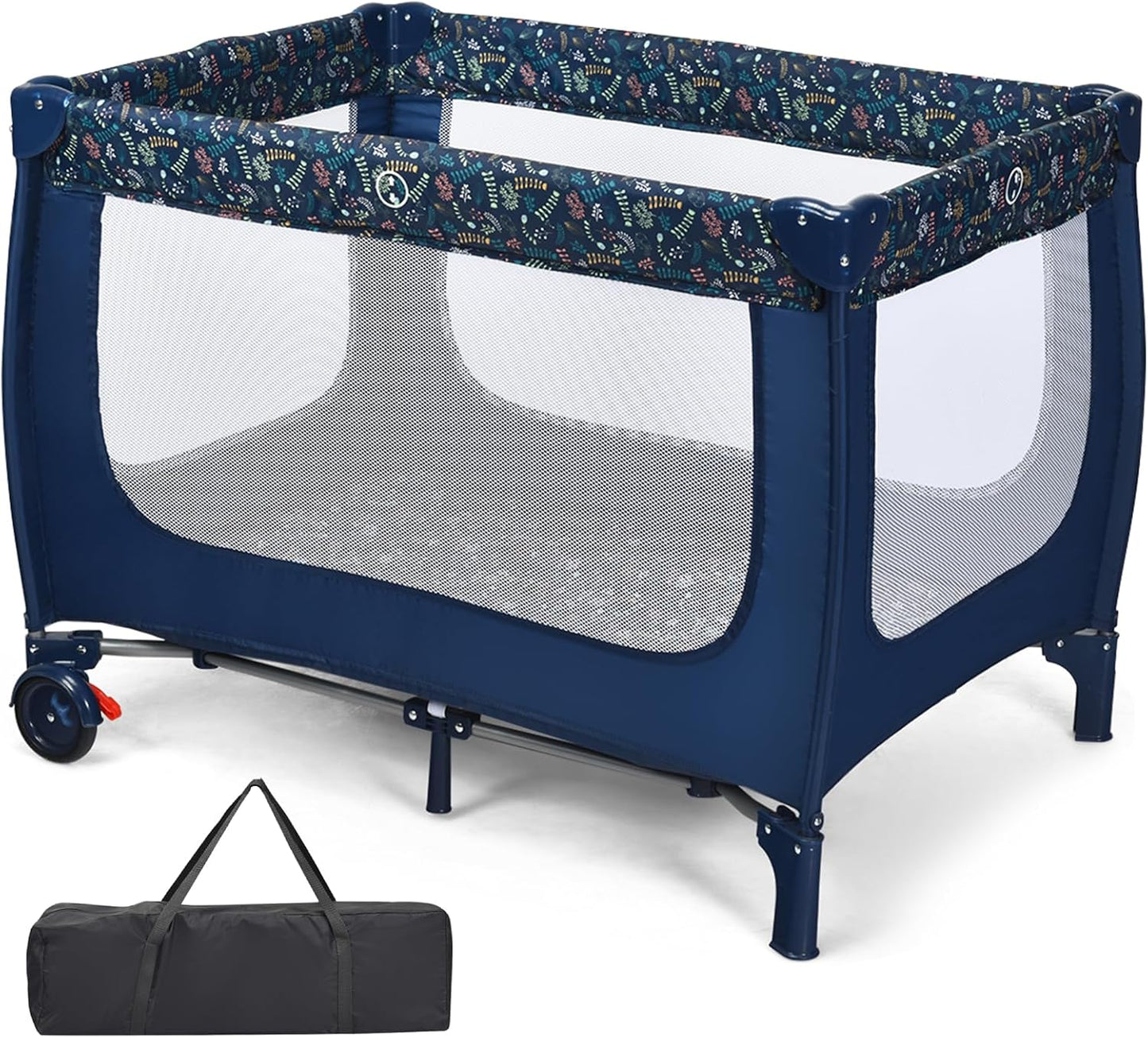 2-in-1 Foldable Baby Playpen with Lockable Wheels and Mattress