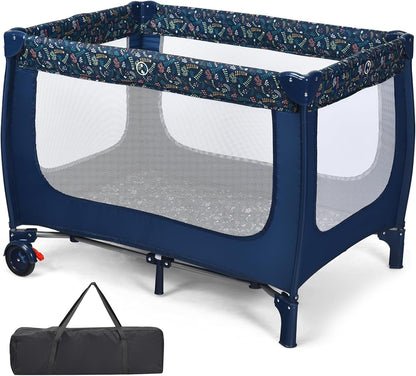2-in-1 Foldable Baby Playpen with Lockable Wheels and Mattress