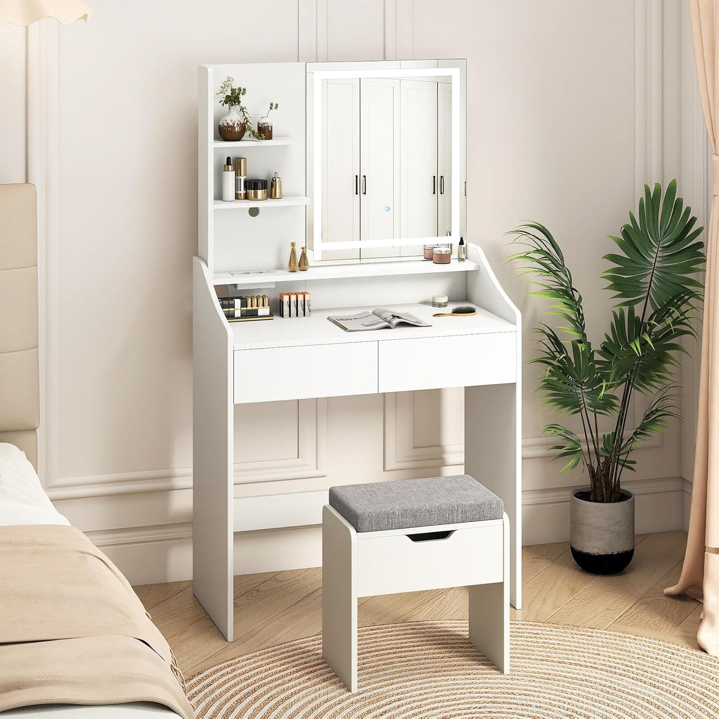 Dressing Table with LED Mirror and Cushioned Storage Stool
