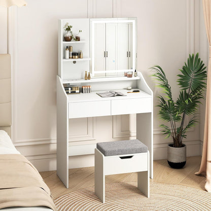 Dressing Table with LED Mirror and Cushioned Storage Stool