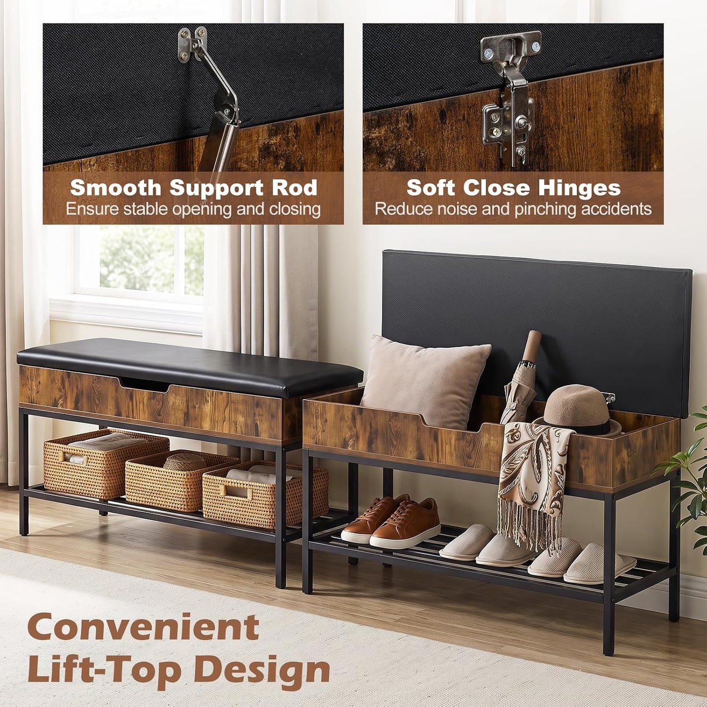 100cm Flip-Top Shoe Bench with Padded Seat, Hidden Storage, Shelf