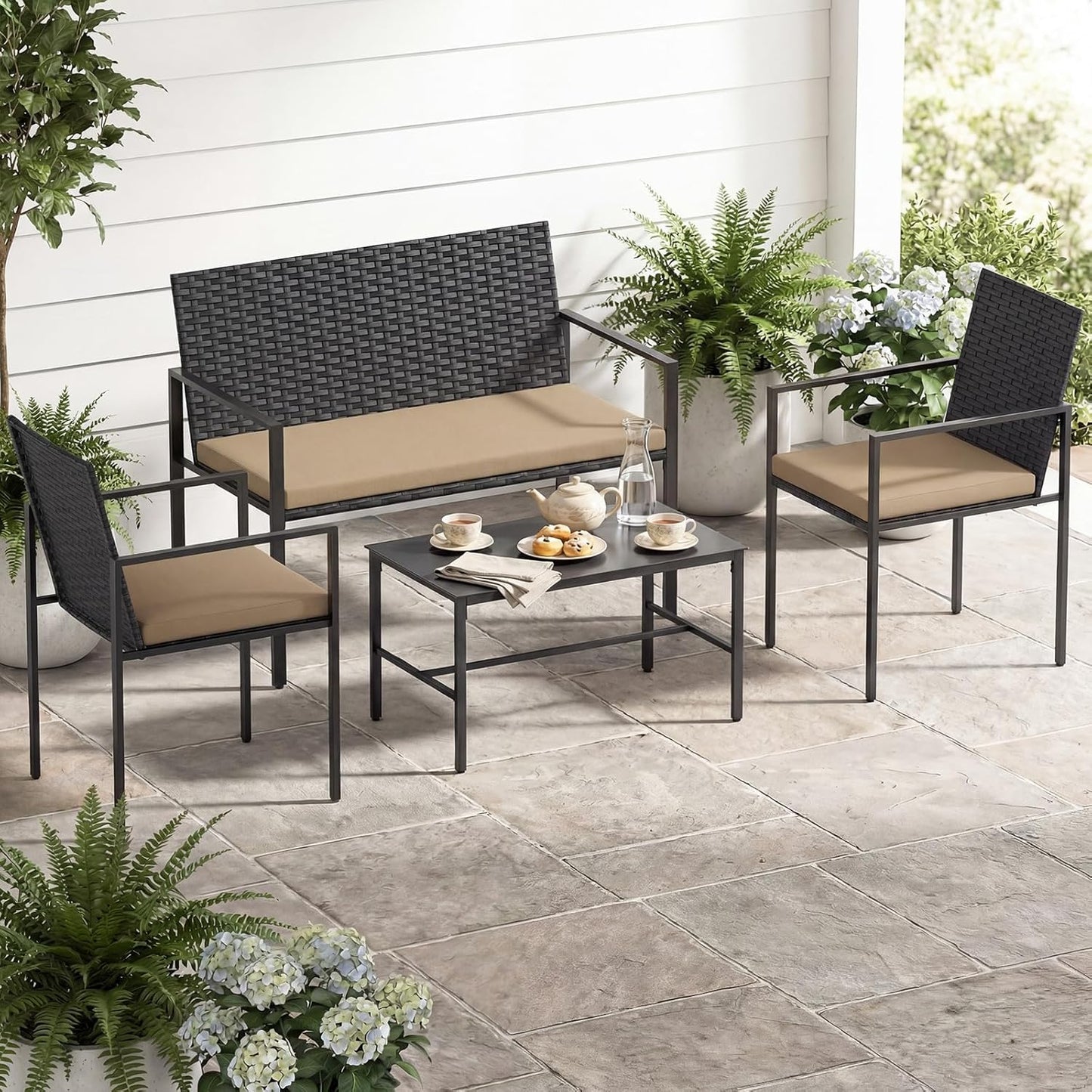 4-Piece Rattan Garden Furniture Set, Patio Conversation Set with Loveseat