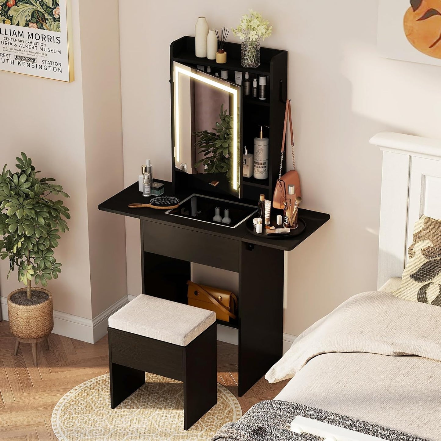 Small Dressing Table with 3-Color LED Lights Mirror and Stool