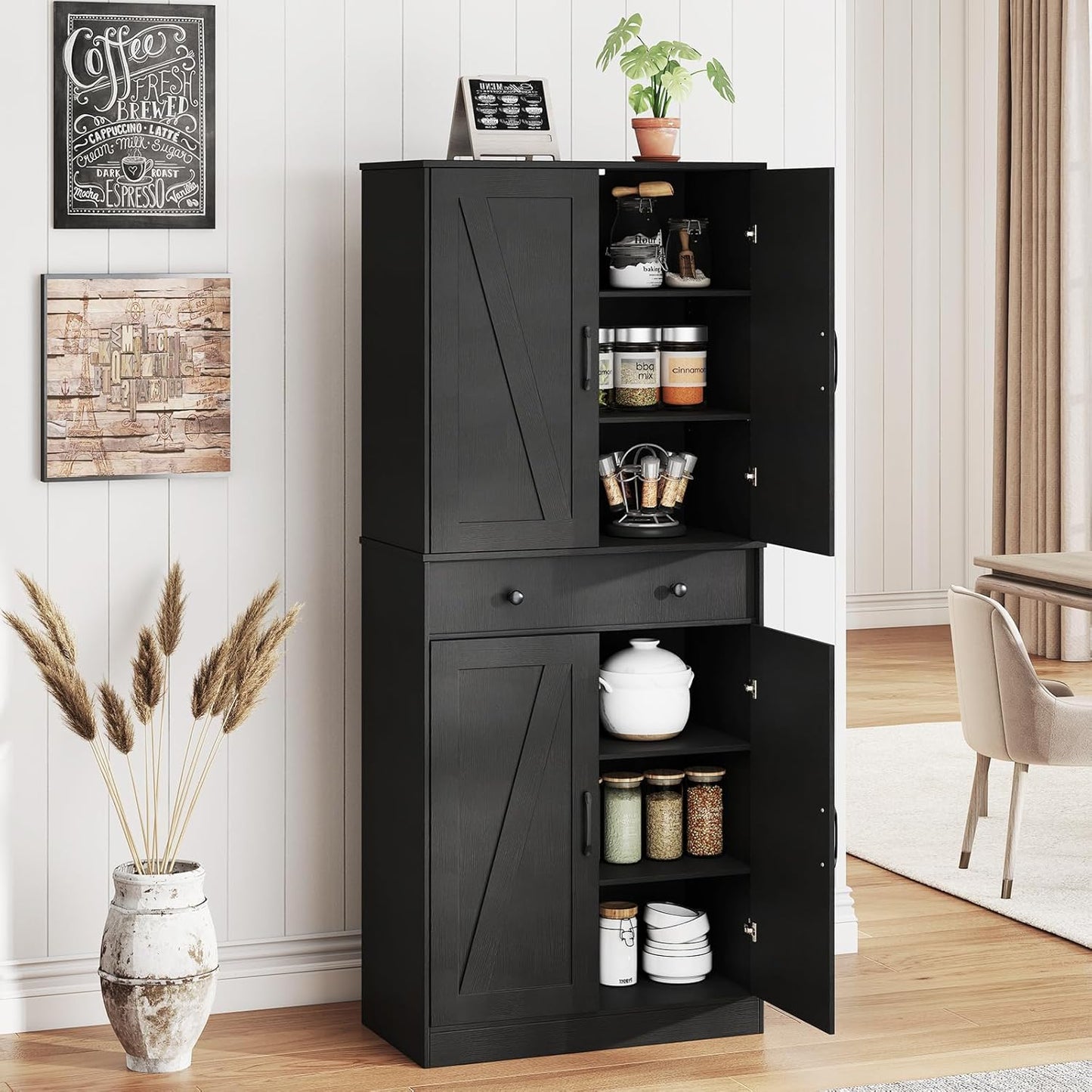 183cm Tall Kitchen Pantry with 4 Barn Doors and 3 Adjustable Shelves