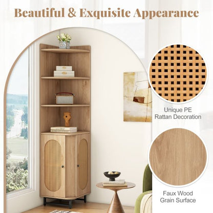 172 cm Tall PE Rattan Corner Cabinet with 2 Doors and 4 Open Shelves