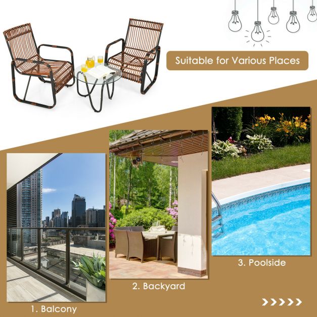 3 Piece Rattan Furniture Set with 2 Armchairs and Glass Coffee Table
