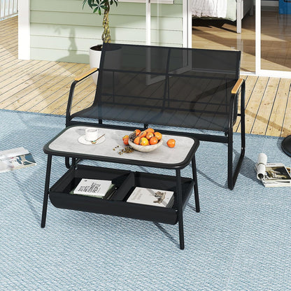 Giantex 2 Pieces Garden Furniture Set Outdoor Loveseat Bench and Coffee Table with 2 Storage Compartments