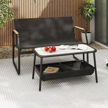 Giantex 2 Pieces Garden Furniture Set Outdoor Loveseat Bench and Coffee Table with 2 Storage Compartments