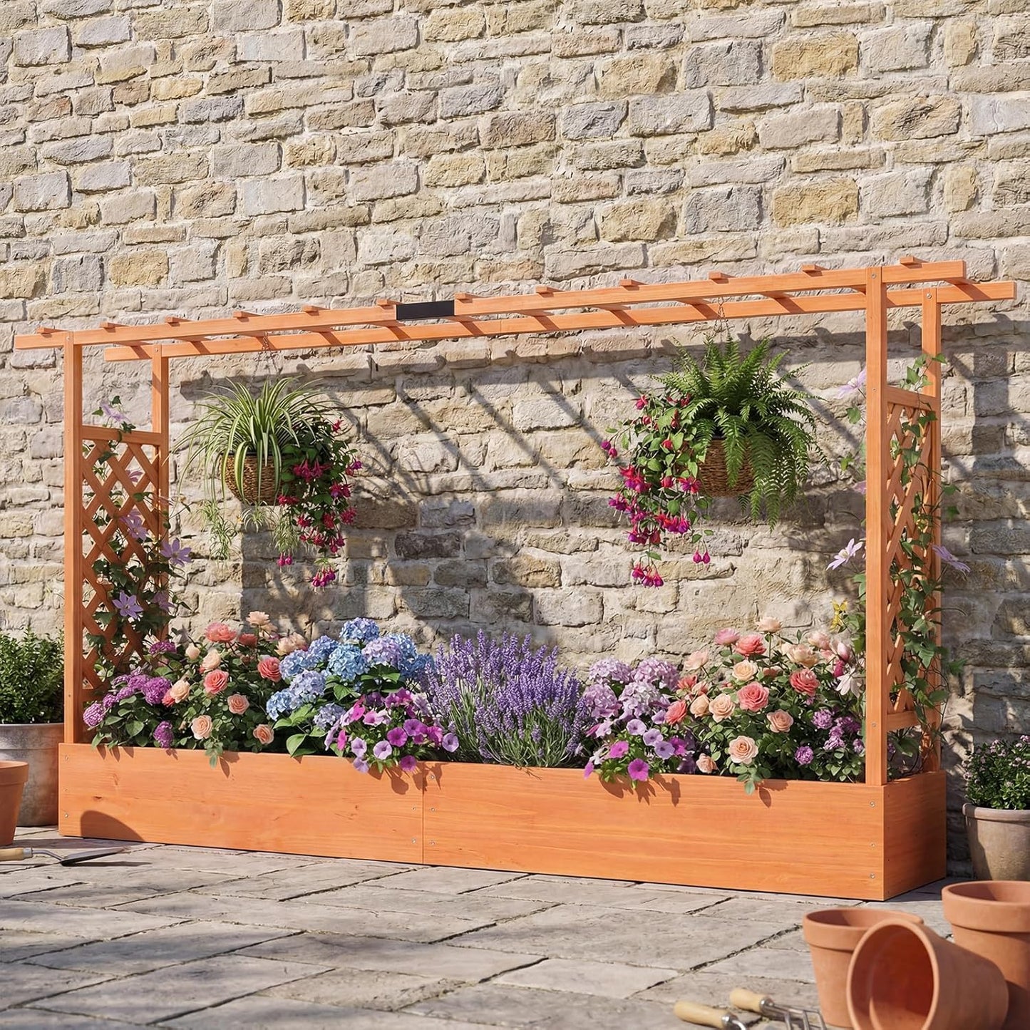 Garden Planter with Trellis, Hanging Roof and Drainage Holes