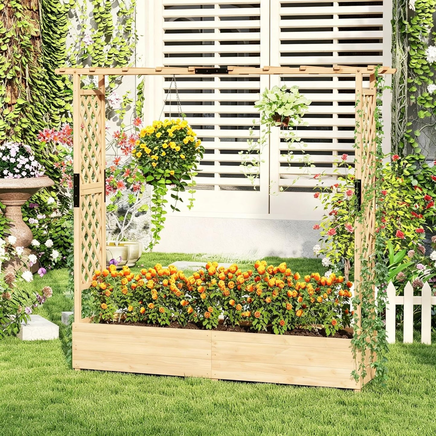 Freestanding Raised Garden Bed Planter Box Planter Box with Trellis
