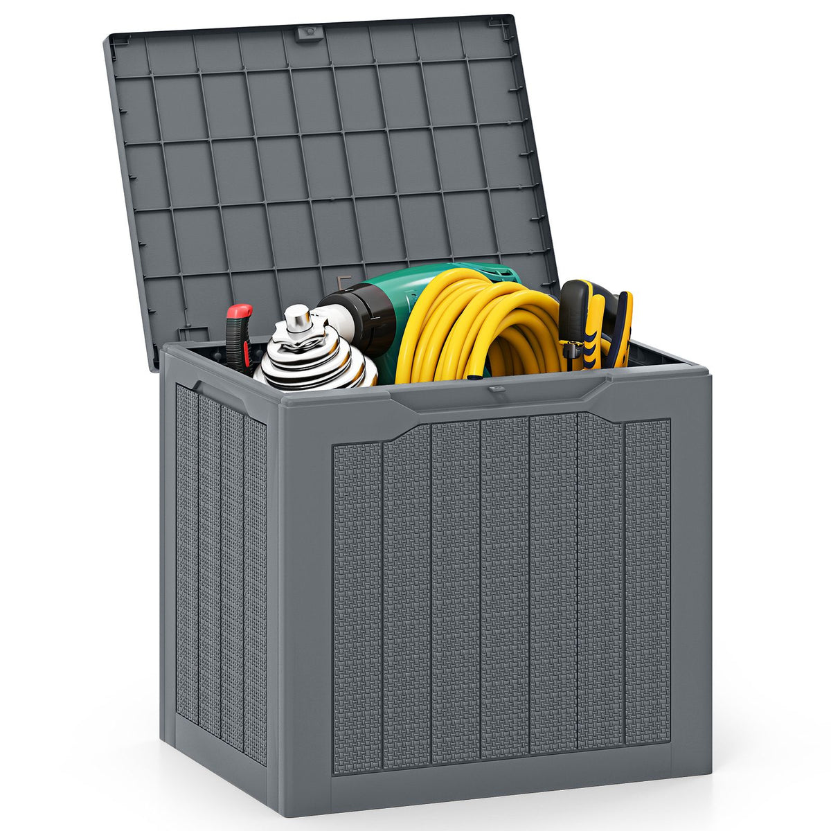 96L Outdoor Storage Box with Lockable Lid and Wicker-Woven Texture