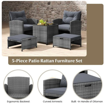 5 Piece Wicker Patio Furniture Set with 2 Cushioned Chairs and 2 Ottomans