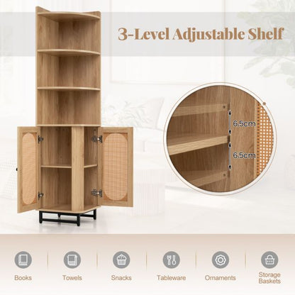 172 cm Tall PE Rattan Corner Cabinet with 2 Doors and 4 Open Shelves