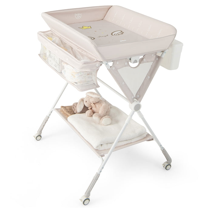Baby Changing Table Foldable Infant Care Station with Wheels & Trash Can