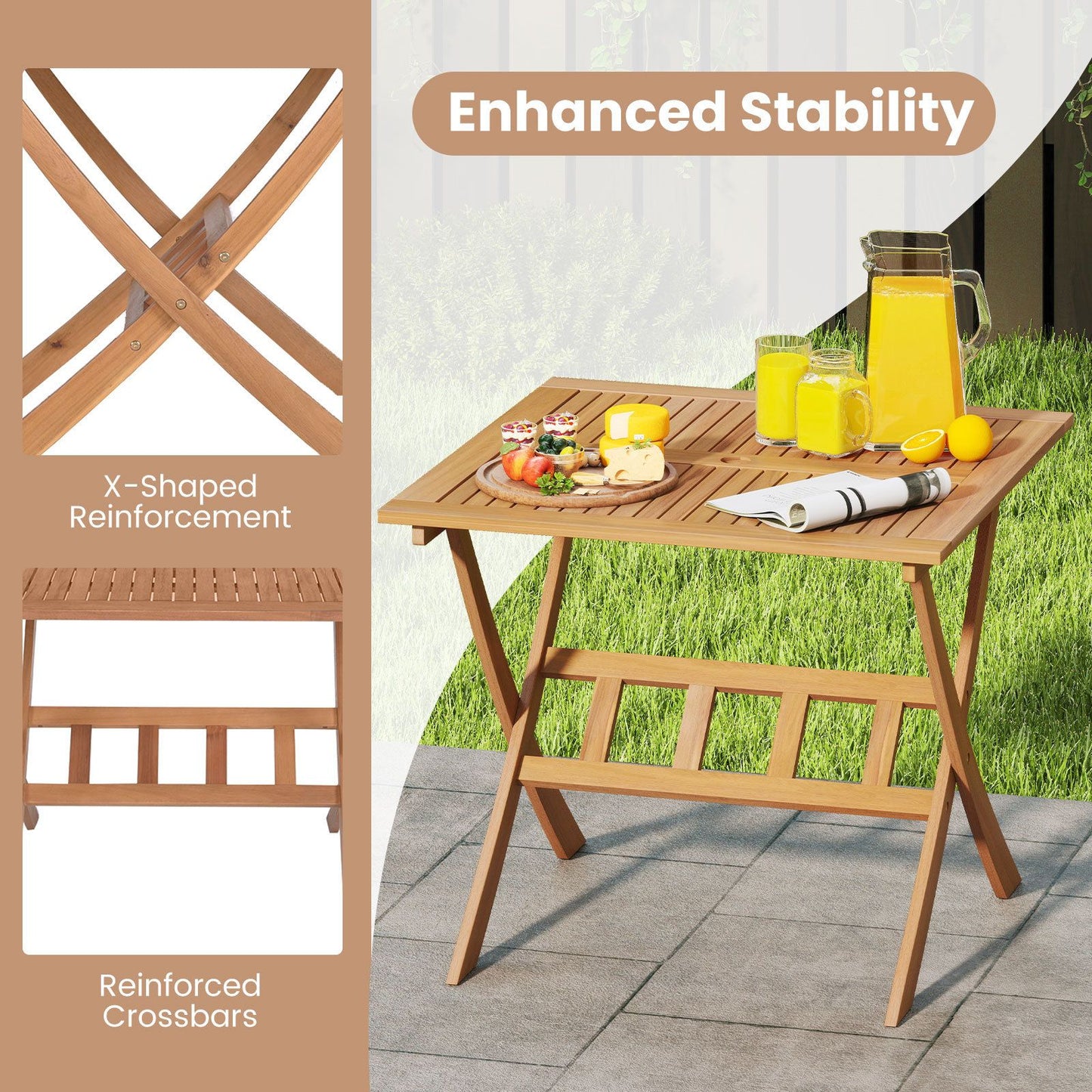 Acacia Wood Folding Table 90CM Patio Dining Table with Slatted Tabletop