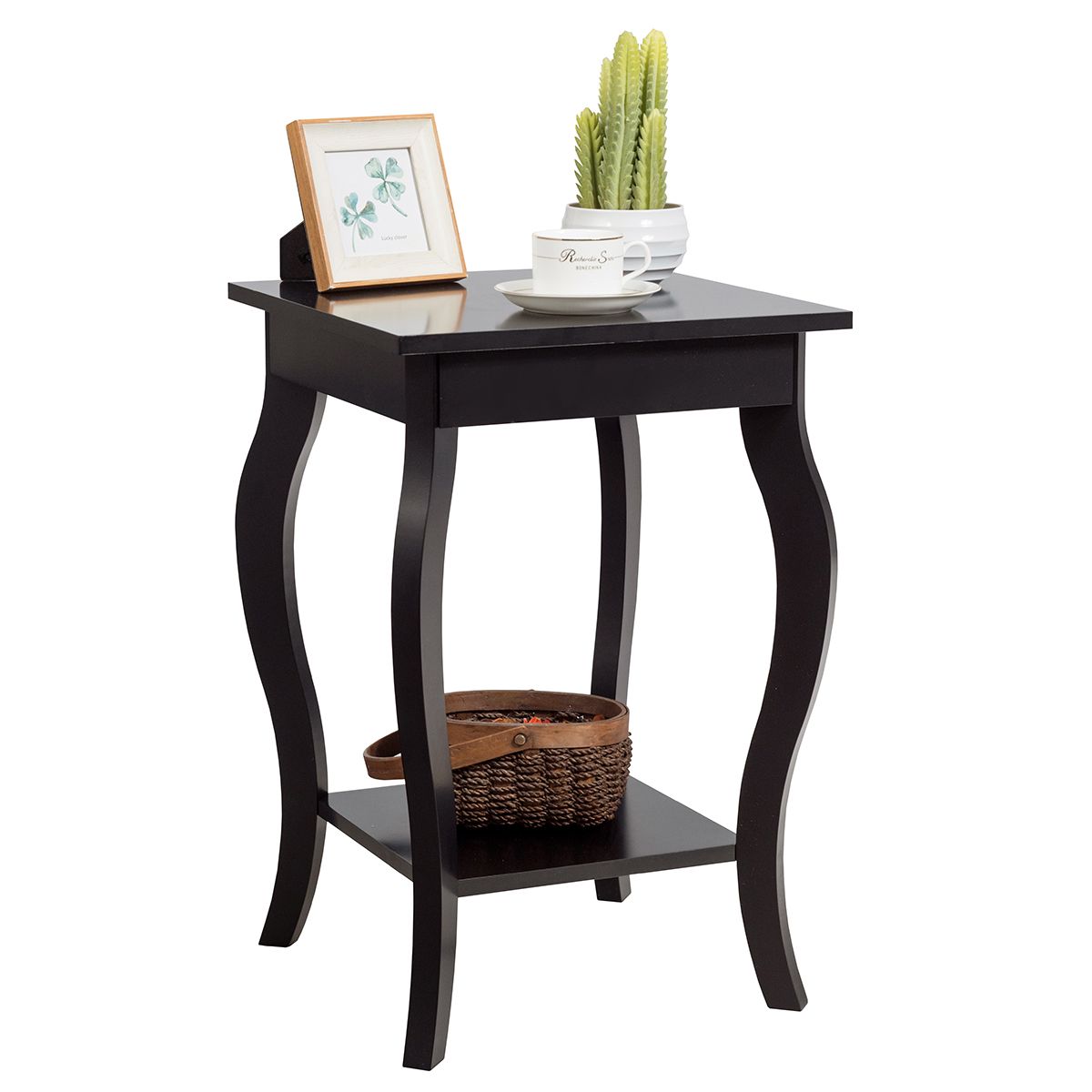 Accent End Table with Elegant Curved Legs and 2-Tier Open Storage Shelves