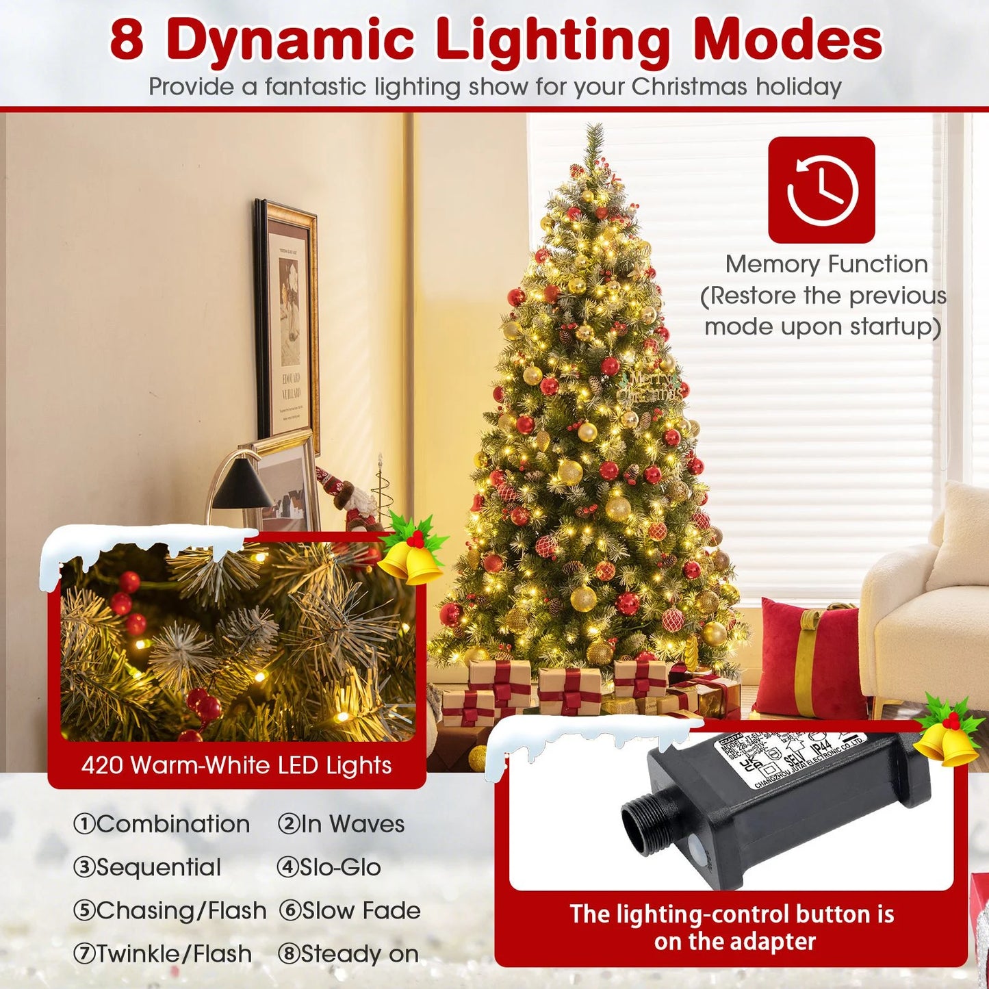 195cm Artificial Xmas Tree with 909 PVC Branch Tips and 420 Warm White LED Lights