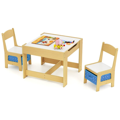 Kids Table Chair Set, Double Side Tabletop Table and 2Pcs Chairs with Storage Box