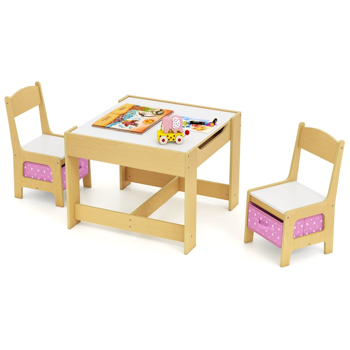 Kids Table Chair Set, Double Side Tabletop Table and 2Pcs Chairs with Storage Box