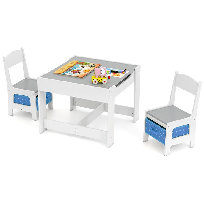Kids Table Chair Set, Double Side Tabletop Table and 2Pcs Chairs with Storage Box