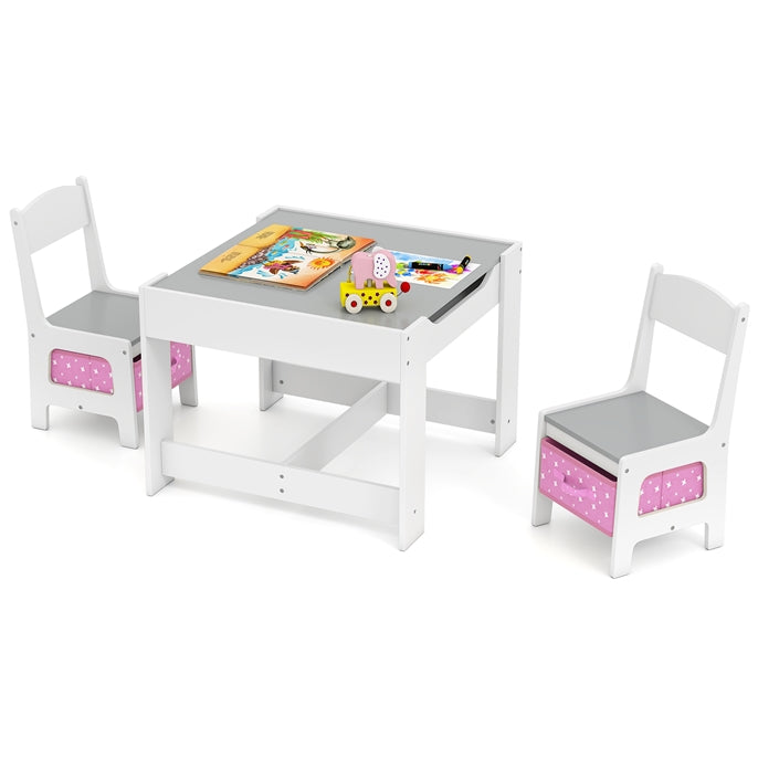 Kids Table Chair Set, Double Side Tabletop Table and 2Pcs Chairs with Storage Box