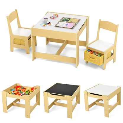 Kids Table Chair Set, Double Side Tabletop Table and 2Pcs Chairs with Storage Box
