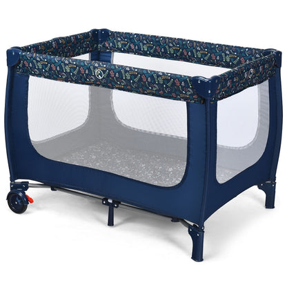 2-in-1 Foldable Baby Playpen with Lockable Wheels and Mattress