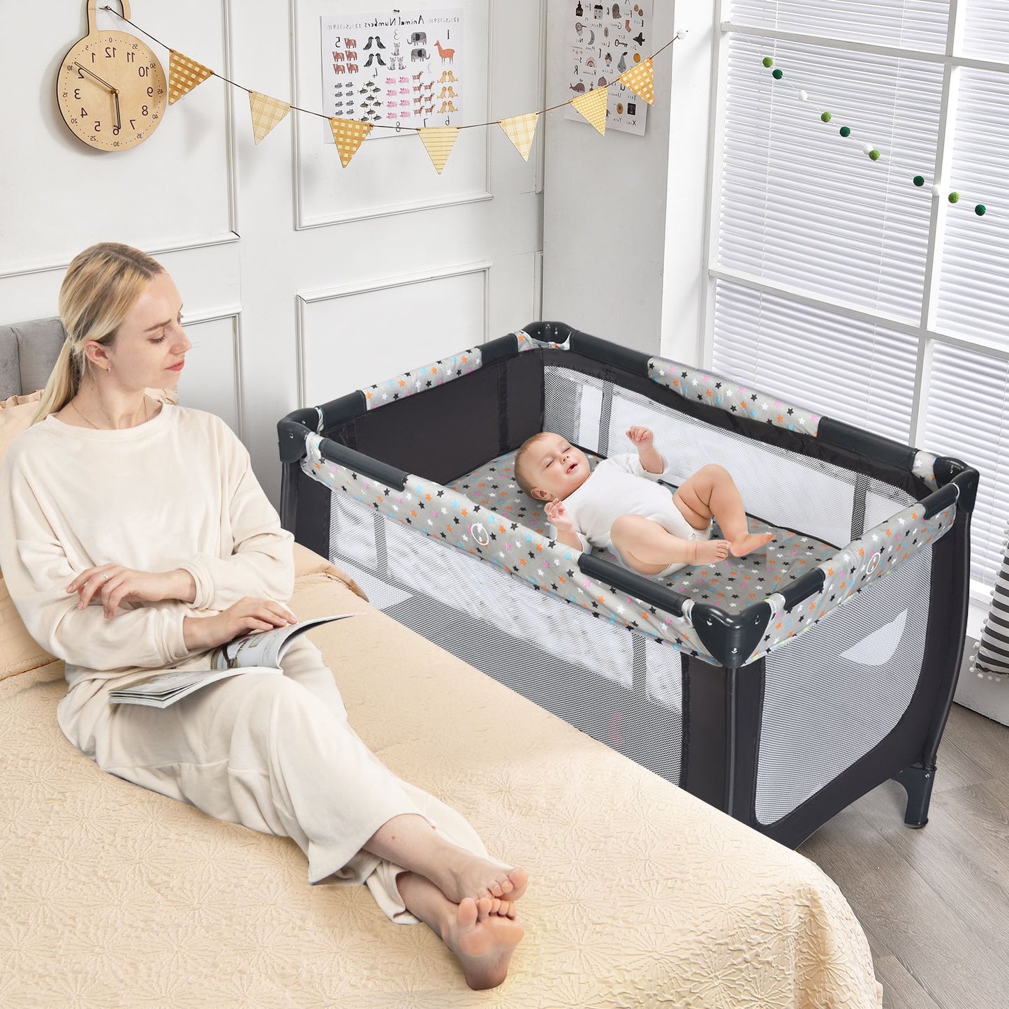 2-in-1 Foldable Baby Playpen with Lockable Wheels and Mattress