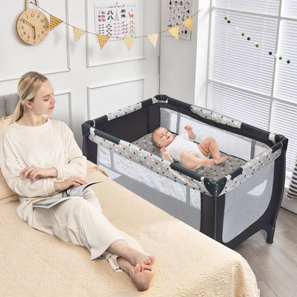 2-in-1 Foldable Baby Playpen with Lockable Wheels and Mattress