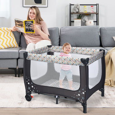 2-in-1 Foldable Baby Playpen with Lockable Wheels and Mattress