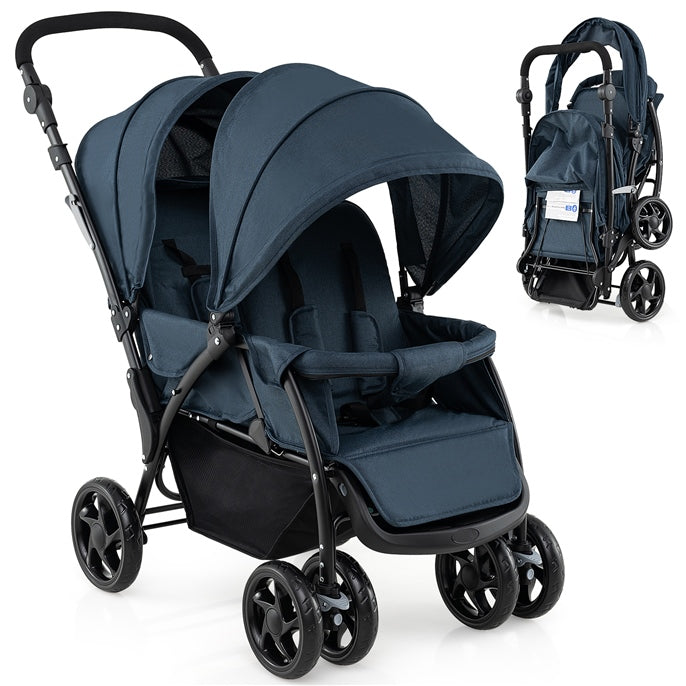 Foldable Twin Tandem Stroller with Adjustable Backrest