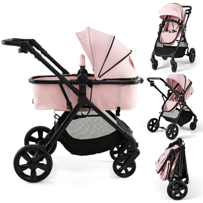 2 in 1 Baby Pushchair, Foldable Travel System Pram with Reversible Seat, Adjustable Canopy & Handle