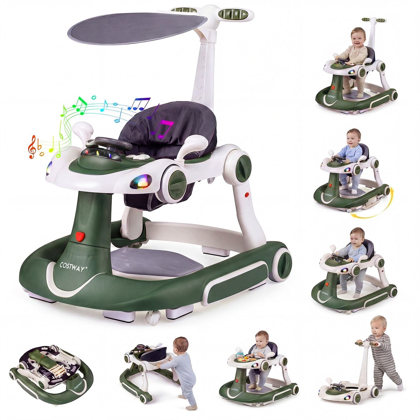 6-in-1 Baby Walker Toddler Push Car with Canopy and Wheels