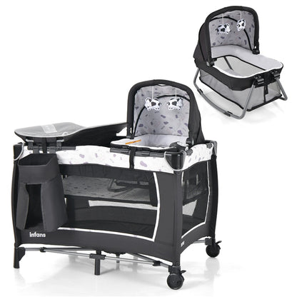 5 in 1 Travel Cot, Portable Baby Crib Bassinet with Rocking Bassinet & Diaper Changing Table