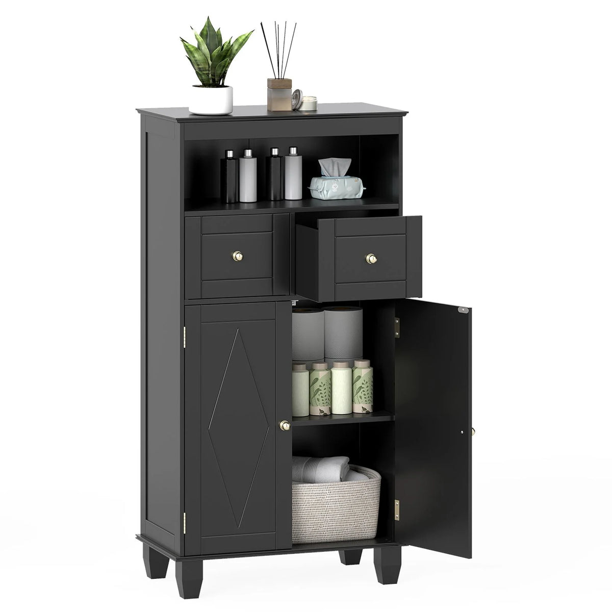 Bathroom Floor Cabinet, Freestanding Wooden Storage Cupboard with 2 Doors