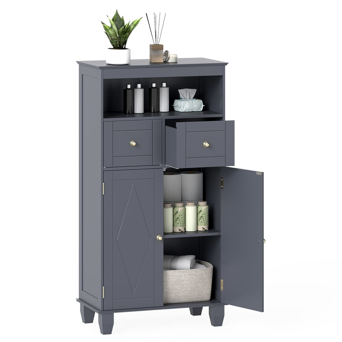 Bathroom Floor Cabinet, Freestanding Wooden Storage Cupboard with 2 Doors