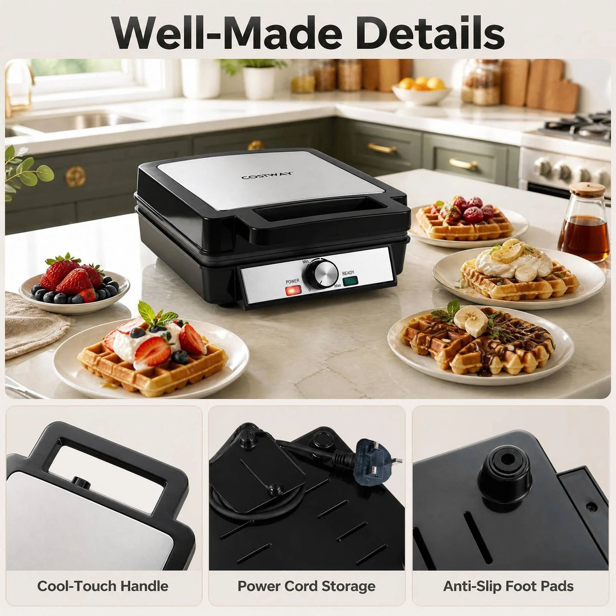 Belgian Waffle Maker 4-Slice 1200W with Browning Knob Nonstick Plates for Family