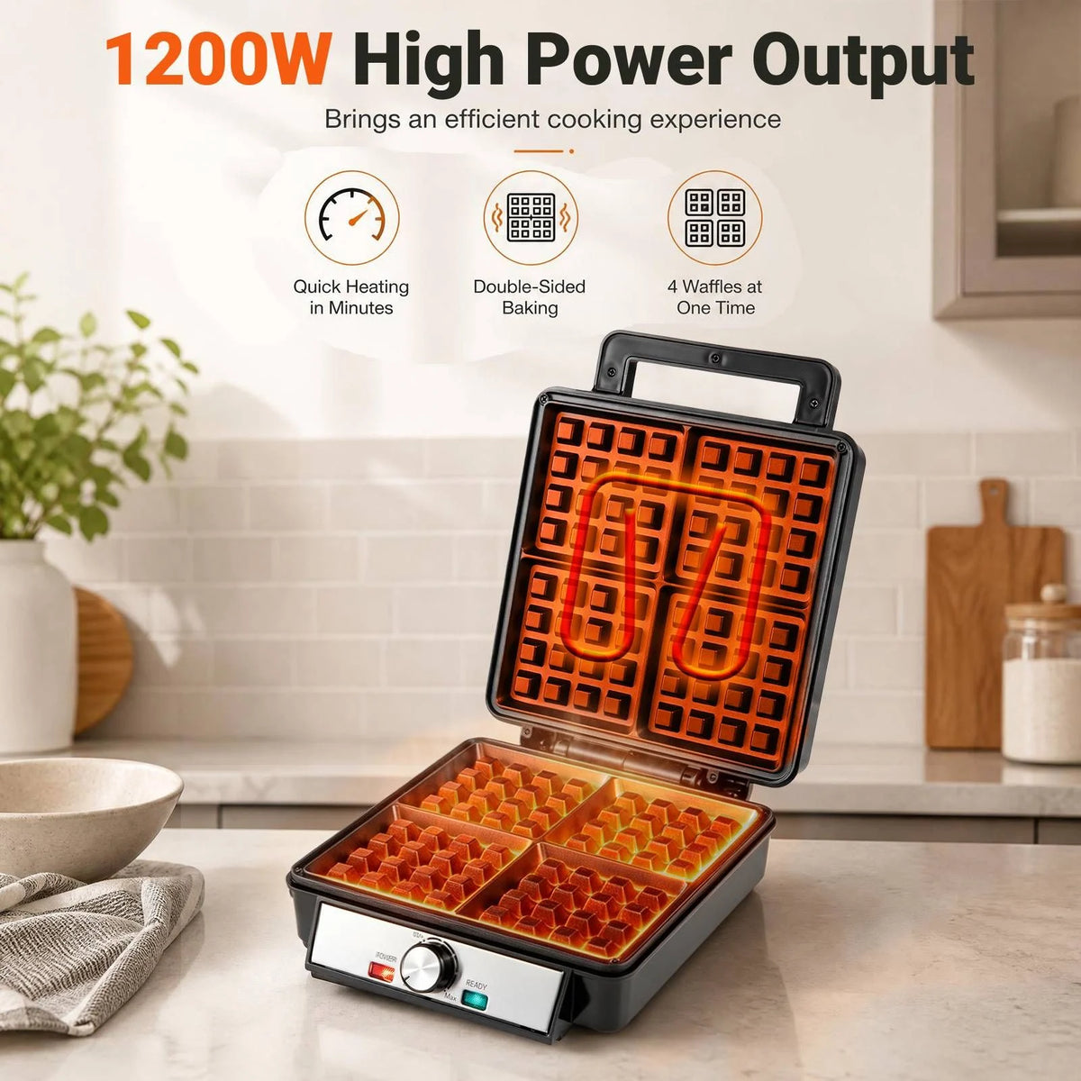 Belgian Waffle Maker 4-Slice 1200W with Browning Knob Nonstick Plates for Family