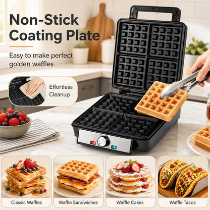 Belgian Waffle Maker 4-Slice 1200W with Browning Knob Nonstick Plates for Family