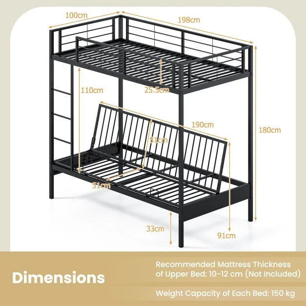 Single Over Futon Bunk Bed with Ladder and Safety Guardrails
