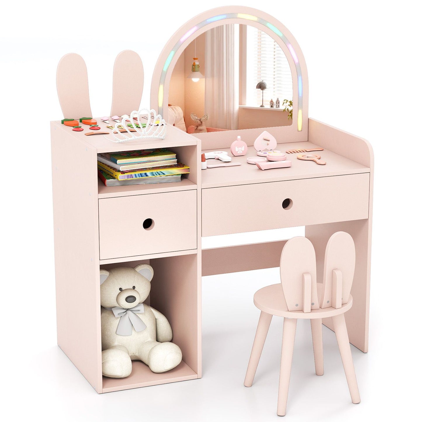 Bunny Kids Vanity Table and Chair Set with Lighted Mirror