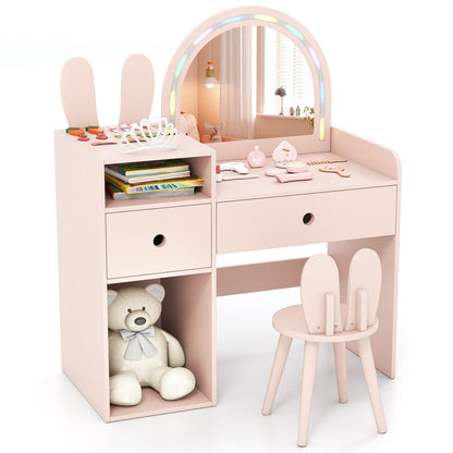 Bunny Kids Vanity Table and Chair Set with Lighted Mirror