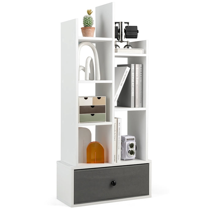 7/12-Tier Wooden Bookshelf with Folding Drawer for Study Living Room