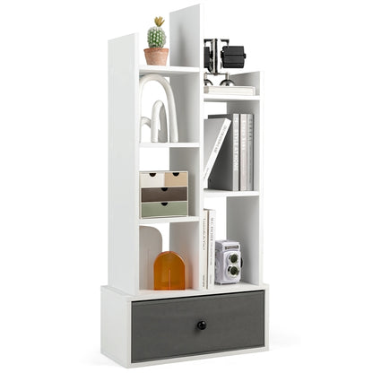 7/12-Tier Wooden Bookshelf with Folding Drawer for Study Living Room