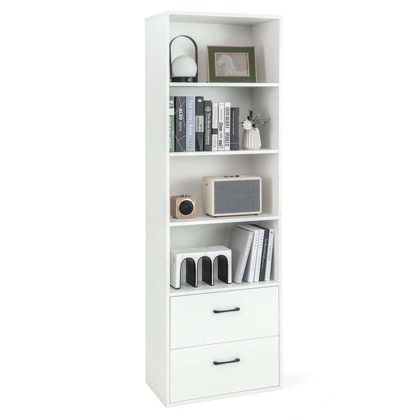 188cm Tall Bookcase, 6-Tier Wooden Bookshelf Storage Cabinet with 4 Open Shelves and 2 Drawers