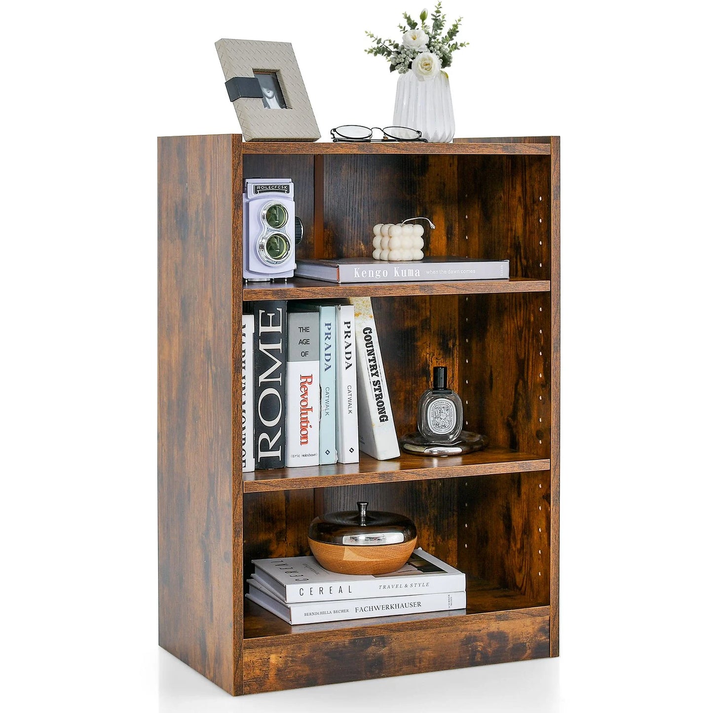 3-Tier Cube Bookcase, Wooden Storage Bookshelf Open Shelving Unit with Adjustable Shelves and Anti-Toppling Device