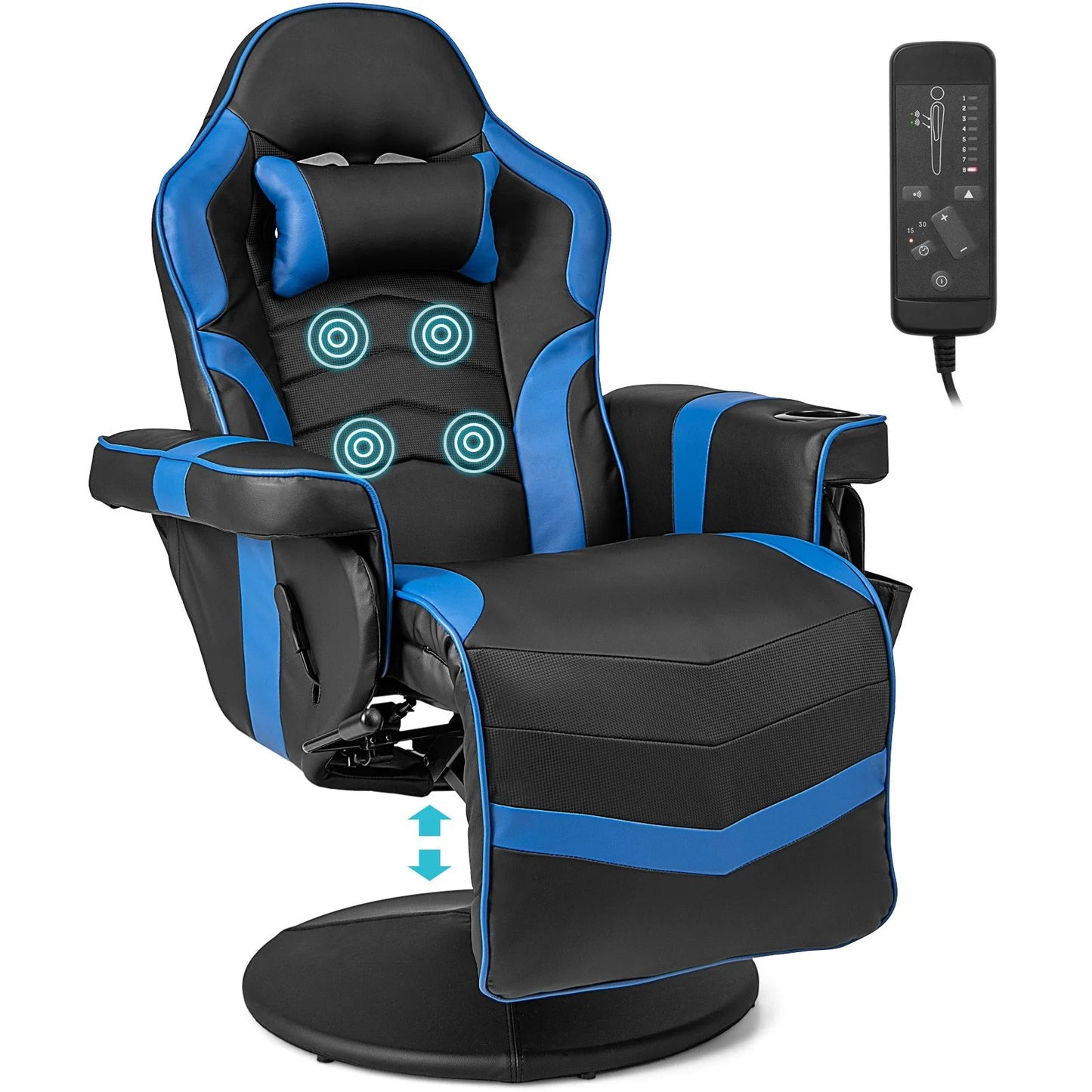 Height Adjustable Swivel Racing Video Massage Gaming Chair with Retractable Footrest