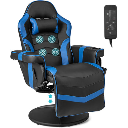 Height Adjustable Swivel Racing Video Massage Gaming Chair with Retractable Footrest
